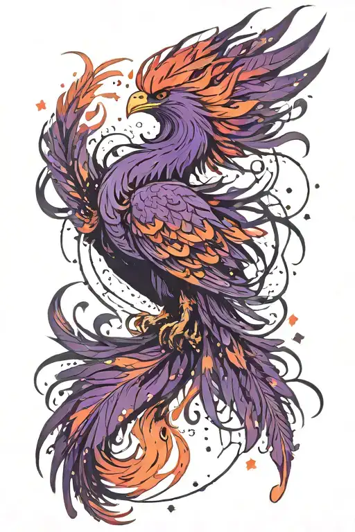 bright purple with reds, phoenix coming, dark sky with starry background, long tail & top knot feathers with flames, att tattoo design idea