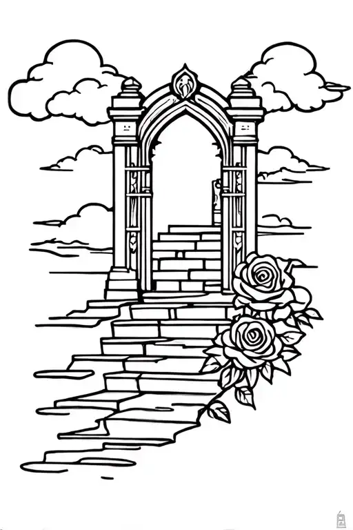 winding stairway to heaven gates with rose and clouds tattoo design idea