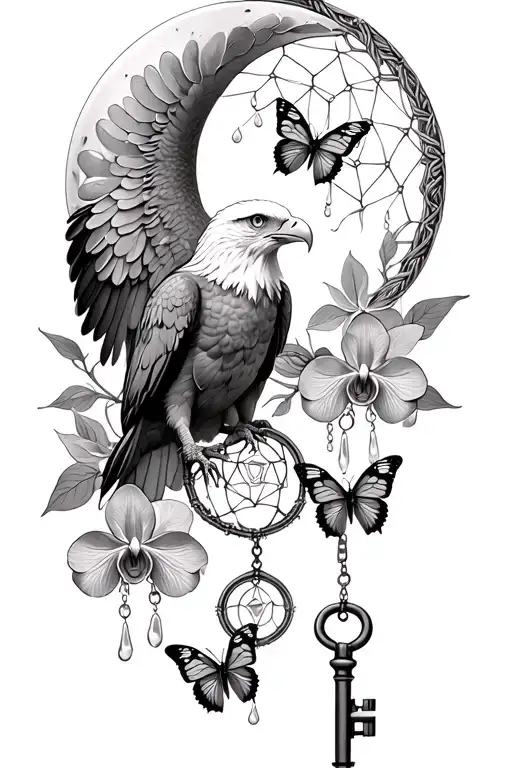 bald eagle hourglass moon dream catcher  orchids and butterflies. nature tears and protection of children lock and key  tattoo design idea