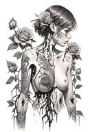 Silhouette of a hacker girl, half robot, with short hair, bare chest, roots growing out of roses, decaying flesh tattoo design idea