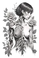 Silhouette of a hacker girl, half robot, with short hair, bare chest, roots growing out of roses, decaying flesh tattoo design idea