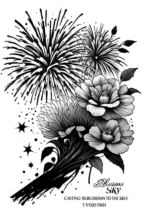 "Casting Blossoms to the Sky." fireworks and flowers tattoo design idea