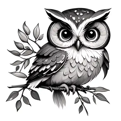 cute owl with olive branch tattoo design idea