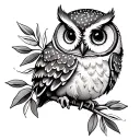 cute owl with olive branch tattoo design idea