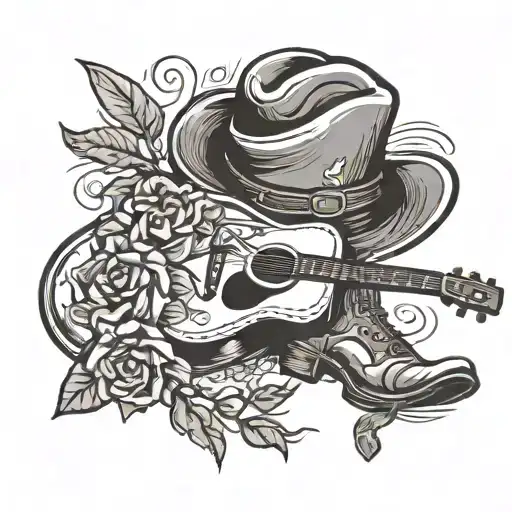 bluegrass guitar, cowboy boot, saddle tattoo design idea