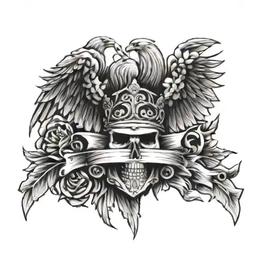 a crown, a third reich eagle, laurel wreath, grim reaper and a sword tattoo design idea