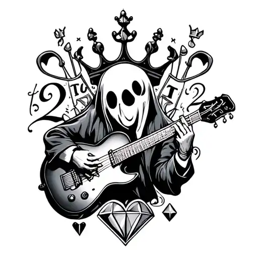 lineart design featuring a ghost playing guitar,the number twenty two,a queens crown,a small heart,a small diamond  tattoo design idea