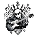 lineart design featuring a ghost playing guitar,the number twenty two,a queens crown,a small heart,a small diamond  tattoo design idea