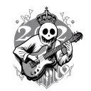 lineart design featuring a ghost playing guitar,the number twenty two,a queens crown,a small heart,a small diamond  tattoo design idea