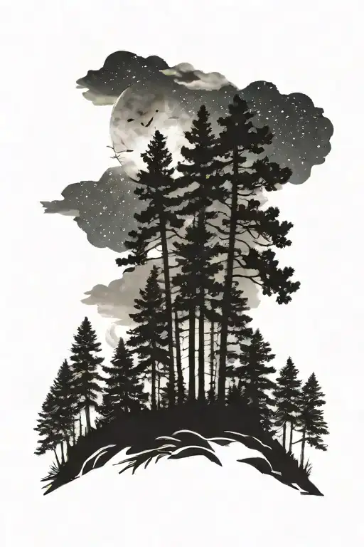 pine forest at night sky tattoo design idea