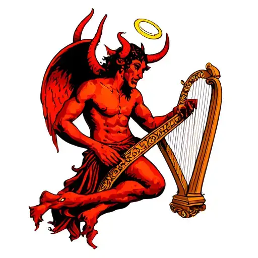 Devil with halo and harp tattoo design idea