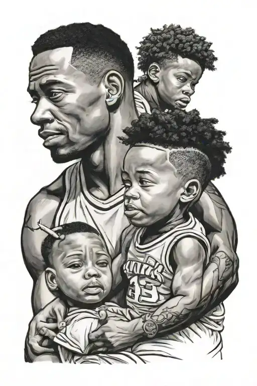 African American father with son sitting on his shoulder with matching jerseys on  tattoo design idea