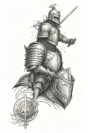 knight wearing a helmet with a moon on it and a suit of armor that has stars on the shoulder pads, as he guards a castle tattoo design idea