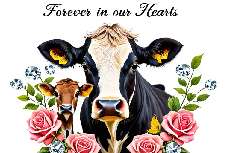 "Forever in our Hearts " "Forever in our Hearts " "Forever in our Hearts " "Forever in our Hearts " "Forever in our Hearts "  cow,roses,diamonds and baby calf tattoo design idea