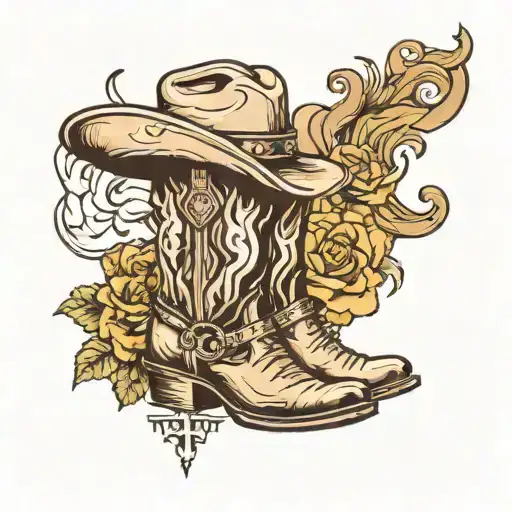 ray of light shining sky, cowboy boots, cowboy hat, crossed fingers, rest in peace  tattoo design idea