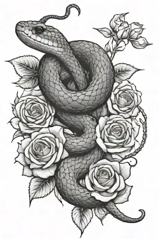realistic snake and roses with thorns tattoo design idea