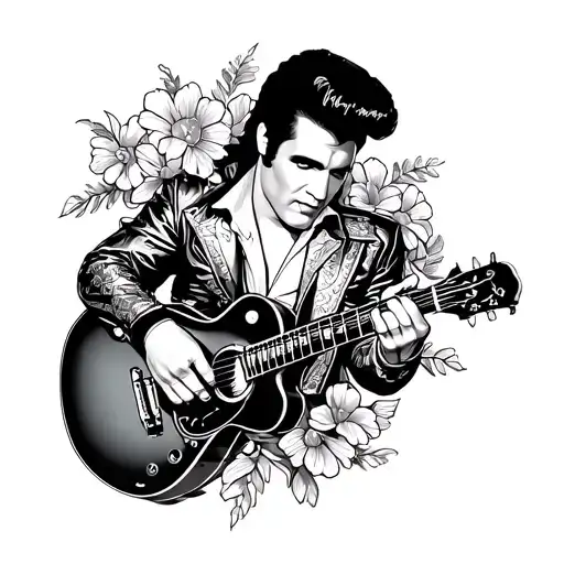 cartoon style Elvis with flowers around him holding a guitar oldschool traditionel style tattoo design idea
