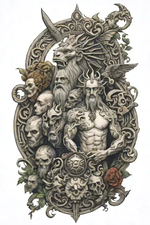 A sculpture in the style of the 7 deadly sins. Mixed with Slavic deities. Decorated with masson style symbols and geomet tattoo design idea