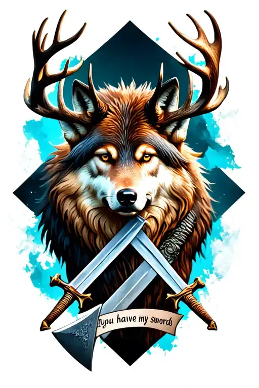 "You have my swords " "You have my swords " stag back to back with wolf, ax & short swords crossed tattoo design idea