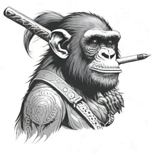 chimpanzee smoking a cigarette wile rest a katana on his shoulder tattoo design idea