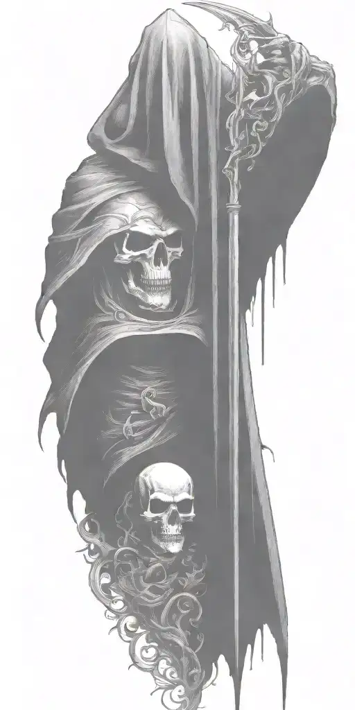 hooded reaper silohuette, smoke, fire, scary, bat wings tattoo design idea
