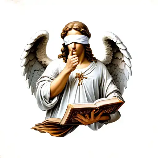 A blindfolded Christian angel clutching a book while shushing with its pointer finger tattoo design idea