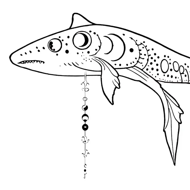 whale shark, sun, moon phases going vertical tattoo design idea