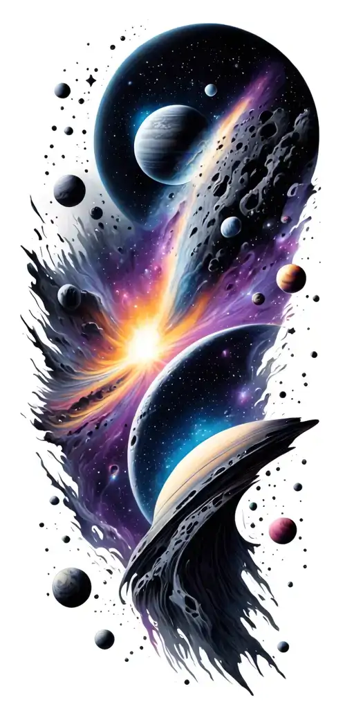 outer space black and grey craters and galaxies with black and grey and purple and colorful comets, stars, all planets  tattoo design idea