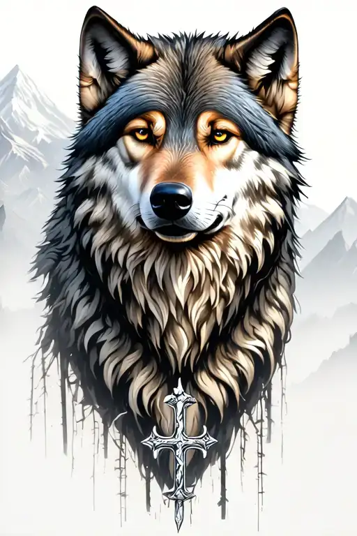 wolf and  mountains and trees with cross tattoo design idea