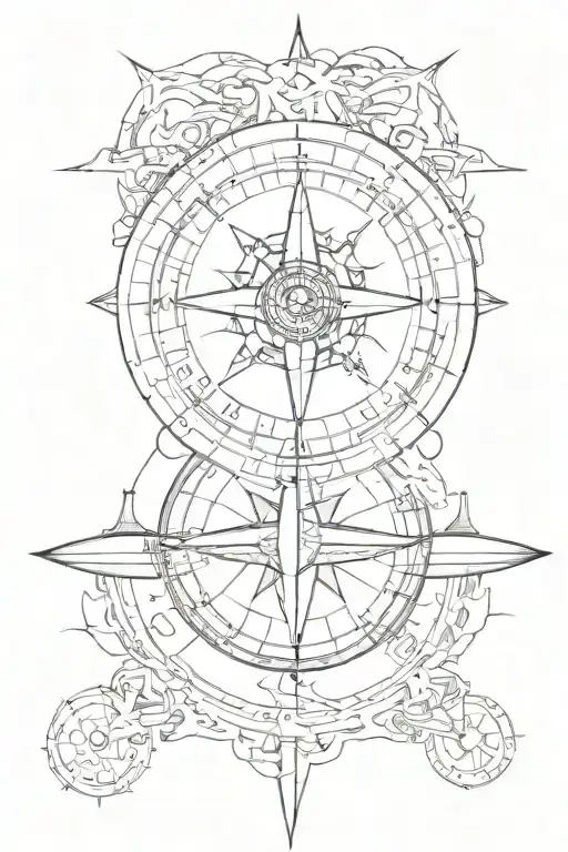 large compass with a trident underneath, a submarine and a planisphere tattoo design idea