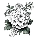 one hydrangea, one marigold, one lily of the valley branch, two daffodils, holly branch, and ash leaves tattoo design idea