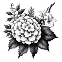 one hydrangea, one marigold, one lily of the valley branch, two daffodils, holly branch, and ash leaves tattoo design idea