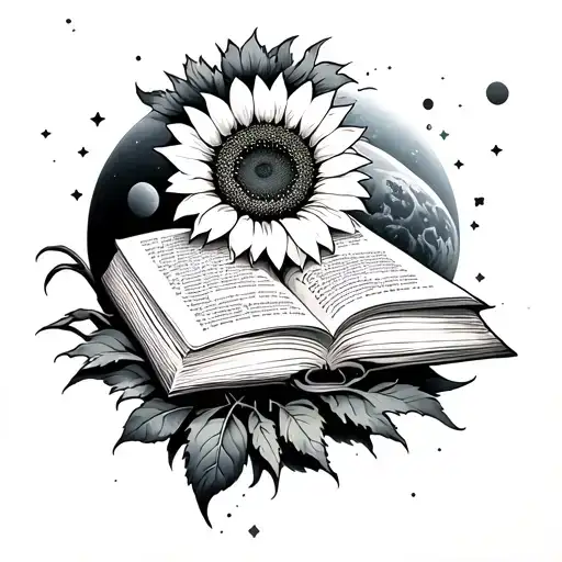 book, planet , sunflower surrounded tattoo design idea