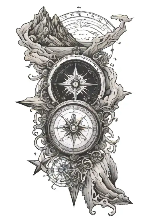 compass with mountains and ocean tattoo design idea