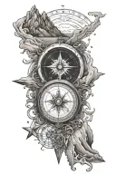 compass with mountains and ocean tattoo design idea