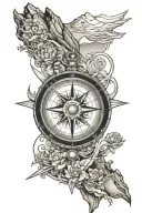 compass with mountains and ocean tattoo design idea