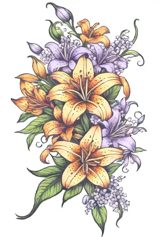 orange tiger lily and purple lilac flower tattoo design idea
