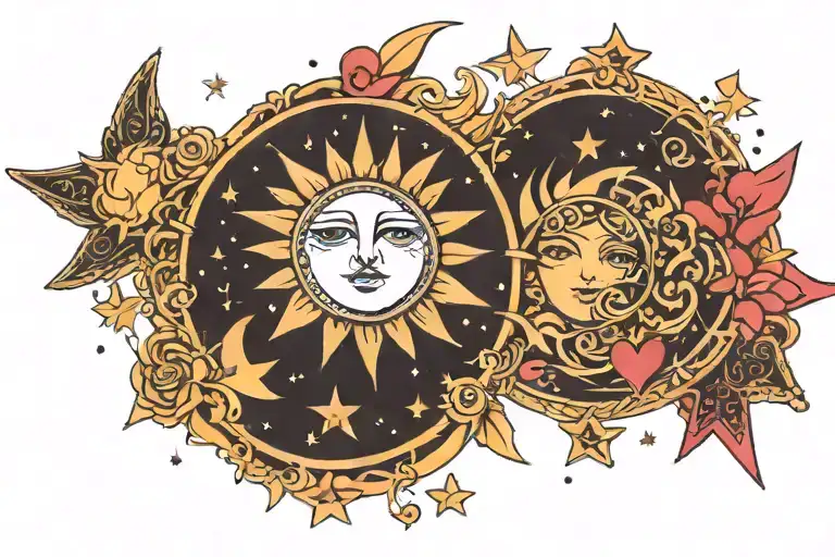 sun moon and stars with hearts tattoo design idea