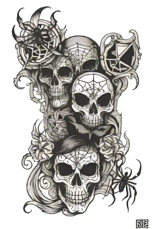 Drama masks mixed with bad , Hour glass,spider tattoo design idea