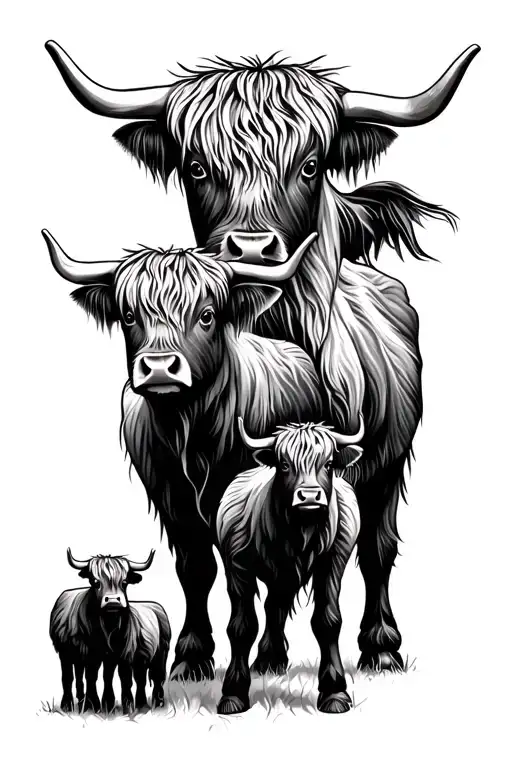 highland cows family one dad, mum, daughter and son tattoo design idea