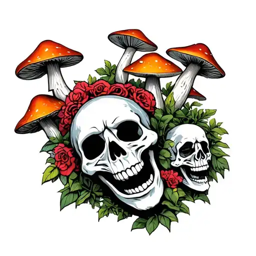 mushrooms and maya skulls and faces representing a happy death and power of love tattoo design idea
