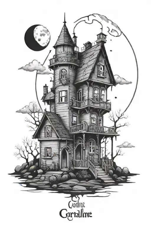 the coraline house with the moon covered by the cloudy hands presented as the tower tarot tattoo design idea