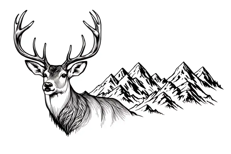 deer head with mountian range surrounded tattoo design idea