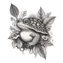 toad in a forest with peacock feather, trident and mushrooms tattoo design idea