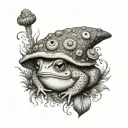 toad in a forest with peacock feather, trident and mushrooms tattoo design idea