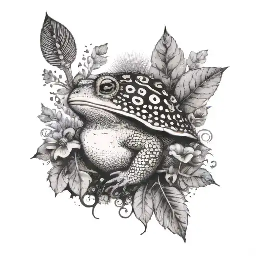 toad in a forest with peacock feather, trident and mushrooms tattoo design idea