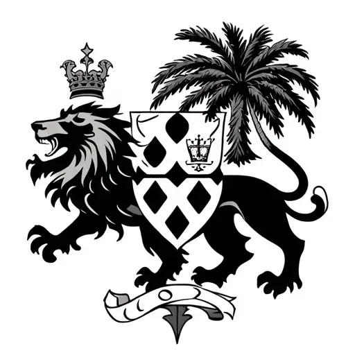 Czech lion coat of arms intersected by a palm tree black and white. the palm tree is behind the coat of arms, tattoo design idea