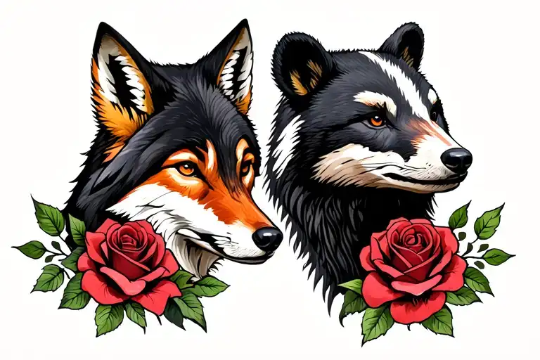 wolf,rose, bear, fox, hawk, badger tattoo design idea