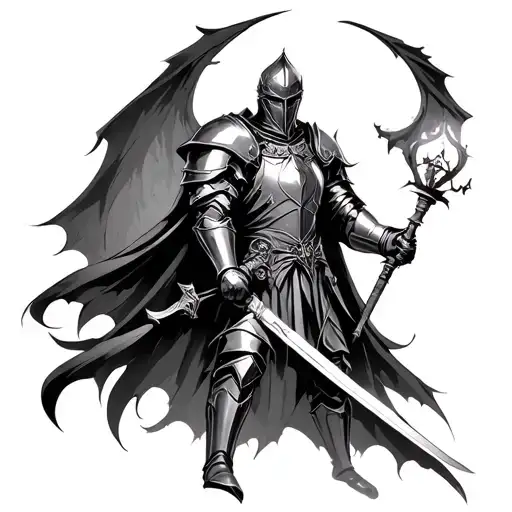 A Gothic knight in a dark and mysterious alchemy atmosphere tattoo design idea