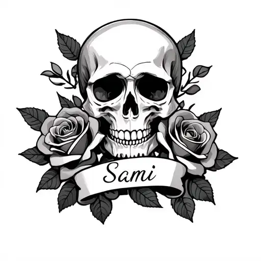 skulls and roses with sami name tattoo design idea